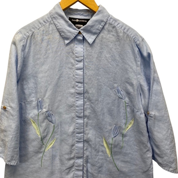 Sag Harbor Tops - Sag Harbor Womens Blue 100% Linen Floral Embroidered Roll Tab Shirt Large VTG
